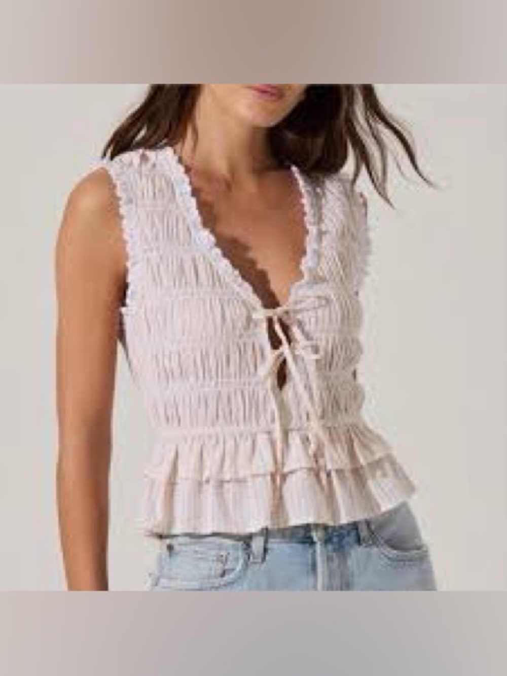 Astr Smocked Tie-Front Ruffle Camisole in Light Beige